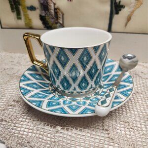 Porcelain Tea Cup Saucer & Spoon Set Teal Blue Geometric Pattern Gold Handle 3 p